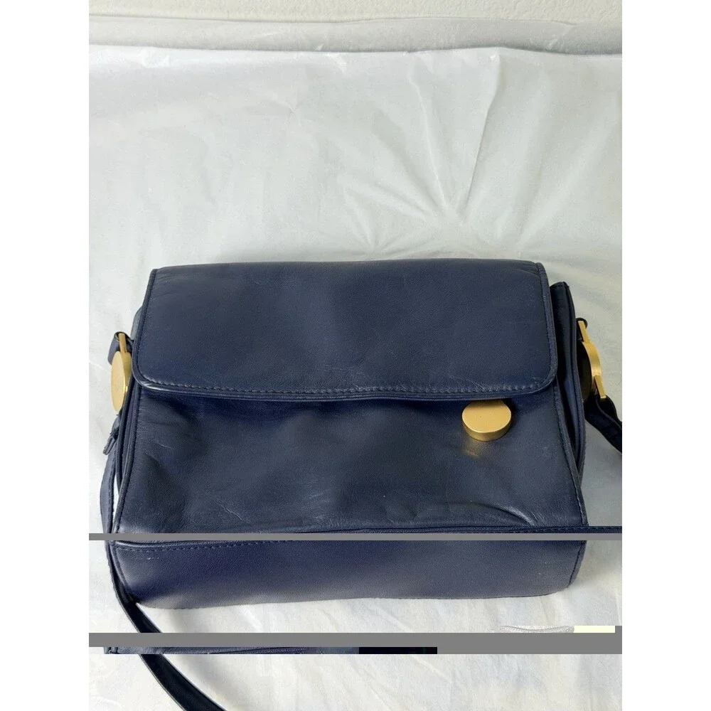 Vintage Jennifer Moore Navy Blue Leather Crossbody Shoulder Bag Gold Hardware